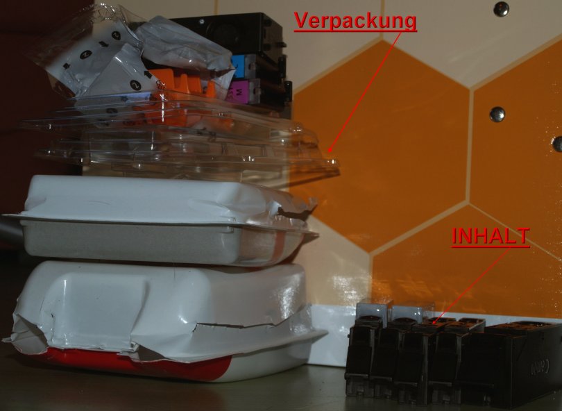 Links Verpackungsmaterial, rechts Inhalt